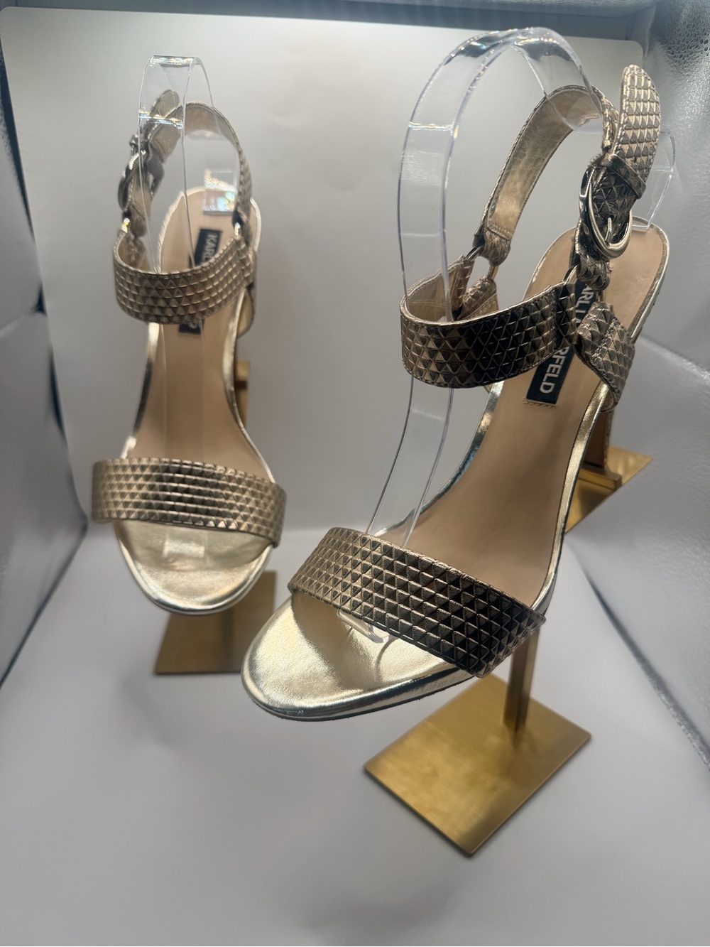 Karl Lagerfeld Gold Textured Pyramid-Print Slingback Heels